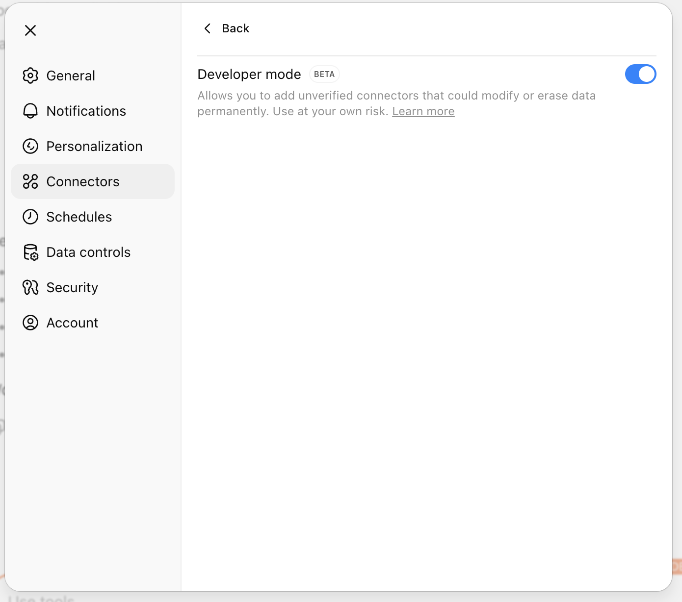 ChatGPT settings showing Developer Mode toggle
