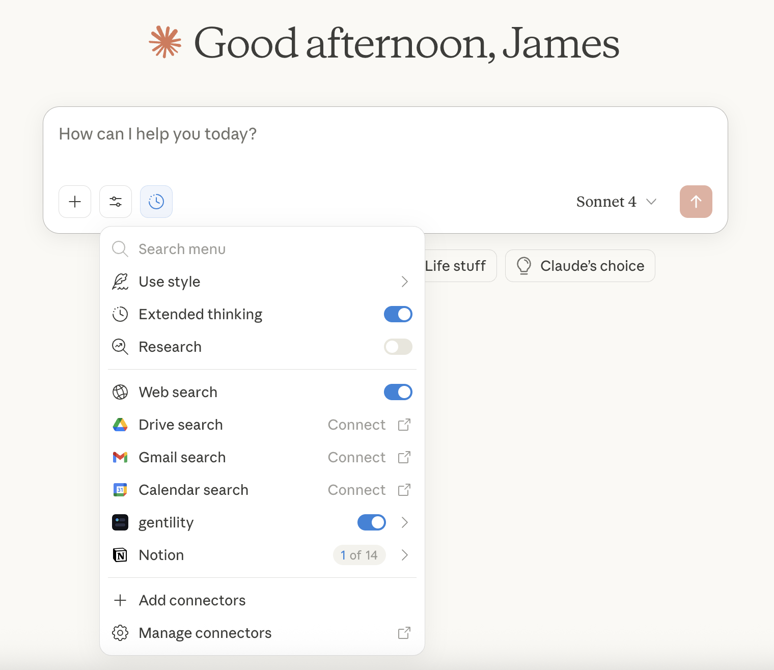 Claude connector picker with Gentility enabled