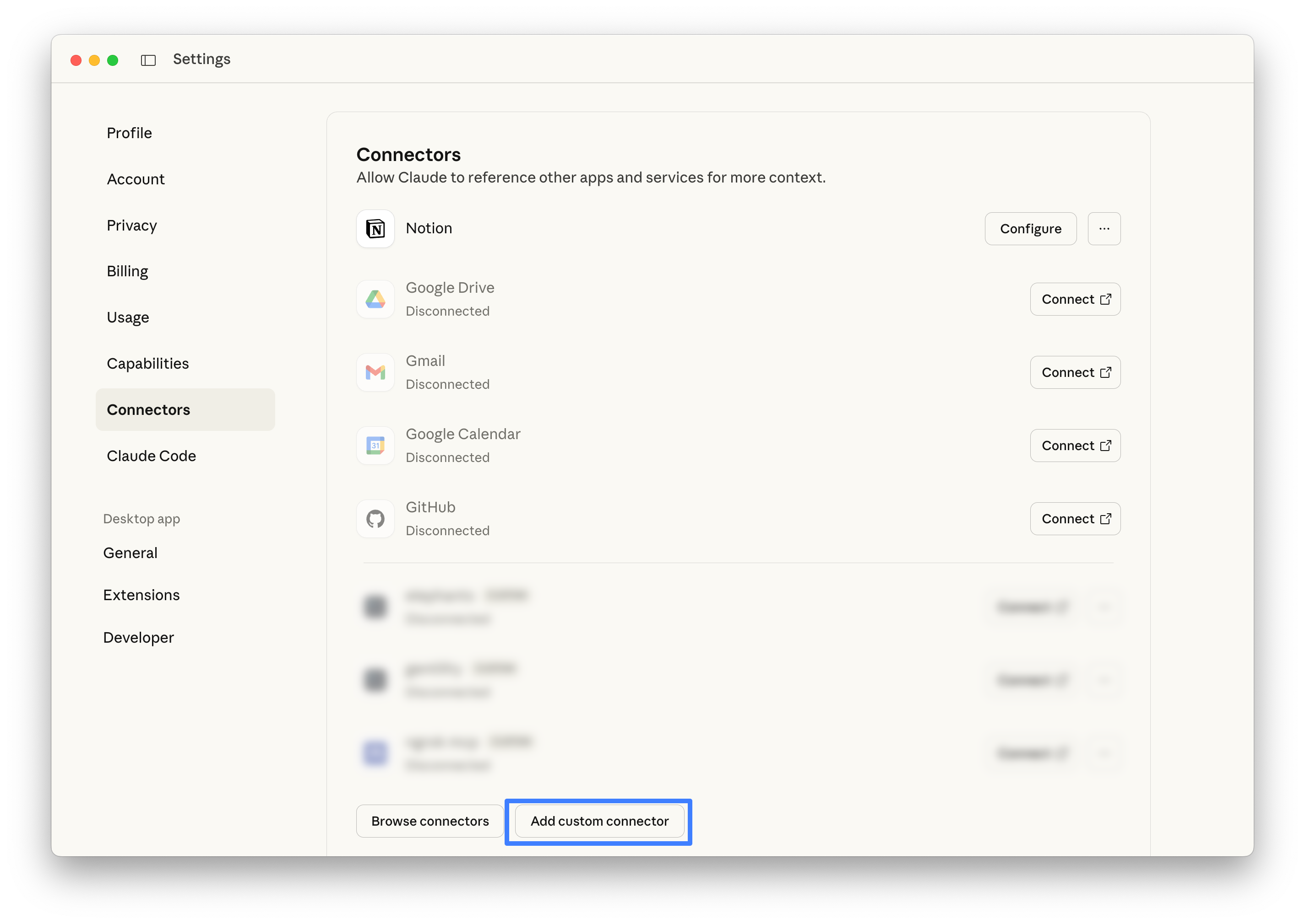 Claude desktop settings showing the Connectors panel