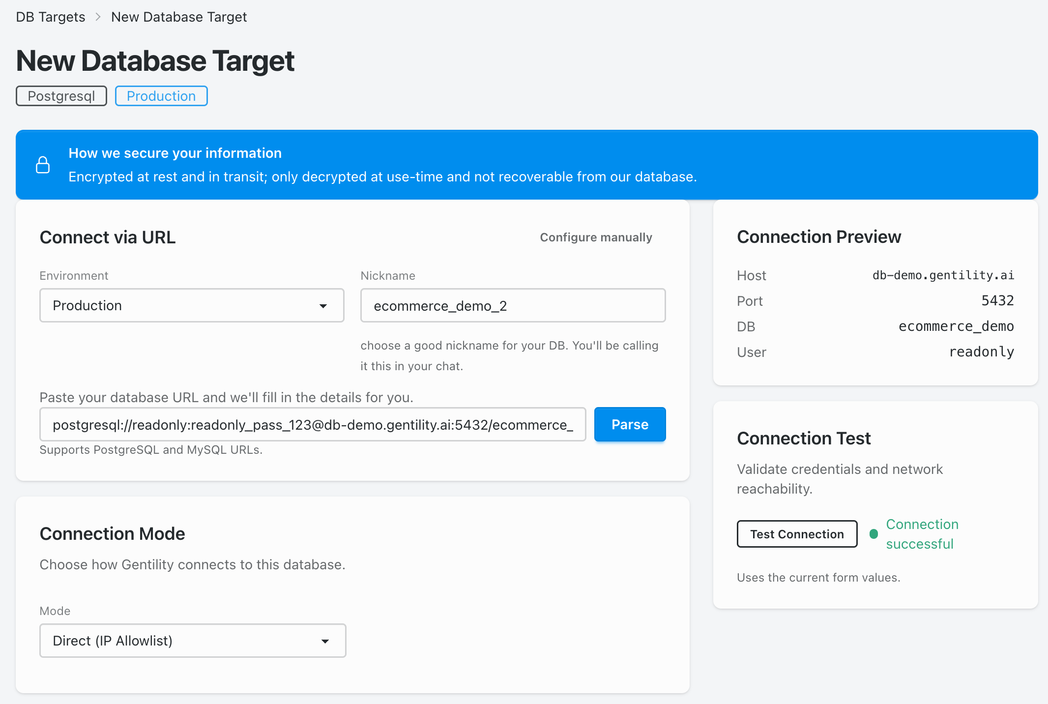 New database target form in Gentility prefilled with the demo PostgreSQL URL